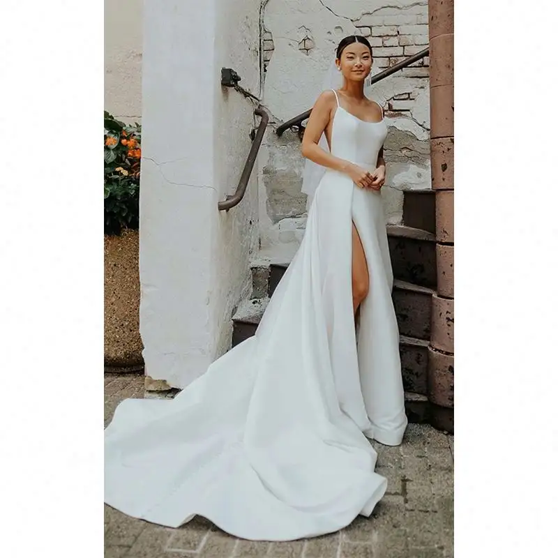Chic Spaghetti Strap Satin Backless Elegant Straight Boho Sweep Train Bridal Gown Simple Wedding Dress For Bride