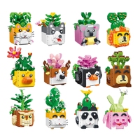 Mainan Blok Mini Figur Kaktus MY97005-97040, Tanaman Sukulen dalam Pot, Bunga Lotus Kartun, Model Plastik Kreatif untuk Anak-Anak