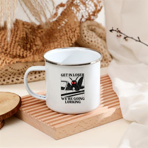 Tazze in smalto personalizzate all'ingrosso per amanti della leggenda urbana, tazze da caffè, tazze per bevande e latte, con design Mothman e scritta 'Get in Loser We're Going Lurking' - Product Image 5