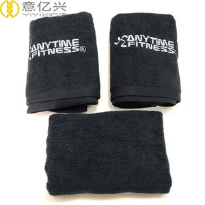 Serviette de sport/yoga personnalisée noire promotionnelle unie 150g avec logo 100% coton tissé - Product Image 2