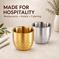 Vente en gros de tasses à saké en acier inoxydable à double paroi martelé de 100 ml, or et argent, pour la dégustation, pour restaurants, hôtels, bars