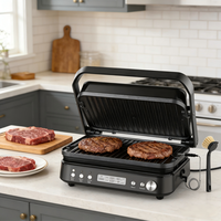 Grille-pain panini d'intérieur 5 en 1 sans fumée avec plaques amovibles, thermomètre à viande, plaques réversibles antiadhésives