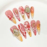 TSZS 10 pièces – Faux ongles de luxe longs, forme stiletto, peints à la main, motif floral 3D Océan d'été, en gel à presser, haute qualité