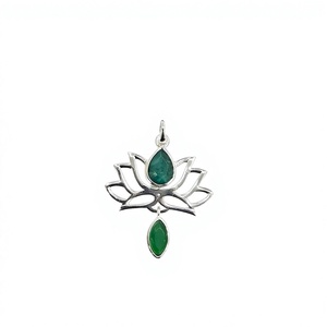 Designer 925 Sterling Silver Lotus Flower <b>Pendant</b> with <b>Emerald</b>, Green Onyx Gemstone Jewelry Wedding Party Wear - Product Image 4