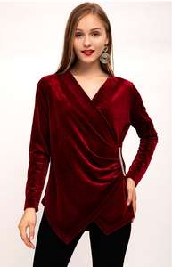 Camicetta alla moda in velluto Vintage con scollo a V per <span class=keywords><strong>donna</strong></span> Design <span class=keywords><strong>marrone</strong></span> personalizzato con paillettes autunno/primavera a maniche lunghe anteriore per il commercio all'ingrosso - Product Image 3