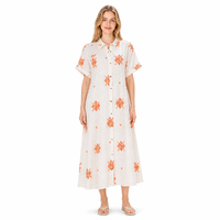 Robe chemise brodée blanche et orange pour femme, manches courtes, col boutonné, longueur midi, vente en gros, usine OEM ODM