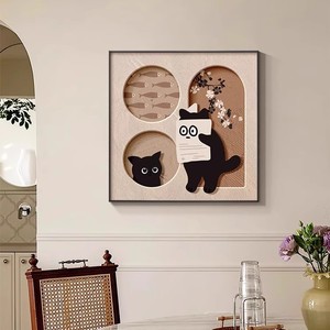 Art mural encadré, impression de chat de dessin animé, cadre noir, toile à l'huile rectangulaire, peinture décorative pour salon et chambre à coucher - Product Image 3