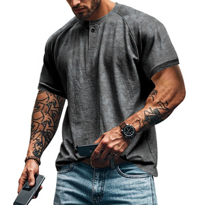 Custom Vintage Washed Heavyweight 95% Polyester Henley Neck <strong>Tshirt</strong> Men Oversized Fit Distressed American Retro Muscle Shirt - Product Image 3