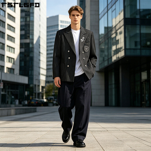 Blazer personnalisé à rayures fines pour homme, croisé, avec écusson brodé, ensembles de vêtements d'extérieur pour homme, vente en gros pour fabricants - Product Image 5