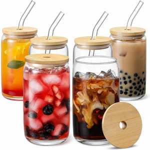 USA Warehouse Free Shipping Products Vinyl Print 16 Oz 480ml Can Shape Glass Tumbler Cup with <b>Bamboo</b> Lid and Glass <b>Straw</b> - Product Image 1