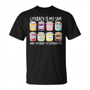 Literacy Is My <b>Jam</b> <b>T</b>-<b>Shirt</b> Black Adult Unisex Crew Neck Short Sleeve Promotional <b>Shirt</b> - Product Image 2