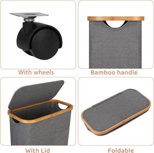 Cesto de Ropa Plegable CF Wholesale de 60 Litros con Asa de Bambú, Tapa y Ruedas, Delgado, Estrecho, Plegable, Gris, para Almacenamiento de Ropa y Juguetes - Product Image 4
