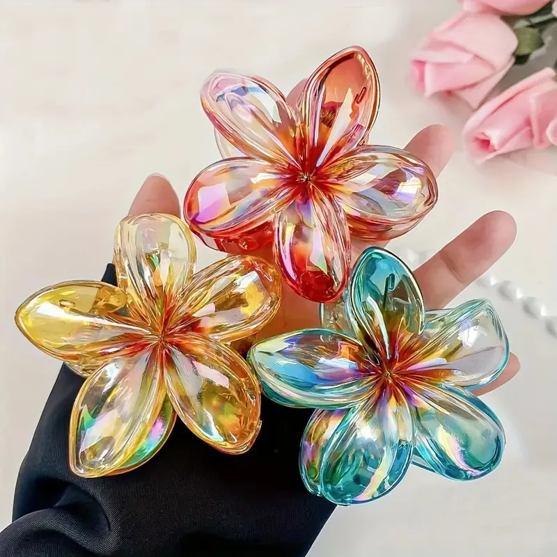 Qianjin 2024 New Hot Sell Women Girls Plumeria Hair Accessories ABS Hawaiian Delicate Gradient Color Flower Hair Claw Clips