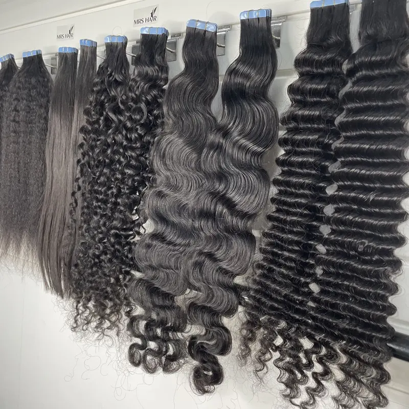 fita de cabelo virgem encaracolado cambojano cru, fita de cabelo alinhada com extensão, fita de cabelo em linha reta, extensões de cabelo, fita de cabelo cru