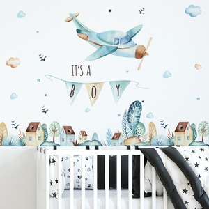 Papel pintado de avión azul claro de dibujos animados, pegatina de pared de ciudad de cuento de hadas, decoración de habitación de niños, Fondo de guardería, calcomanía de pared - Product Image 1