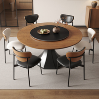 Table à manger vintage de style mid-century en bois massif de luxe avec 4 chaises, plateau tournant en pierre frittée, pieds en acier carbone, meubles de salle à manger