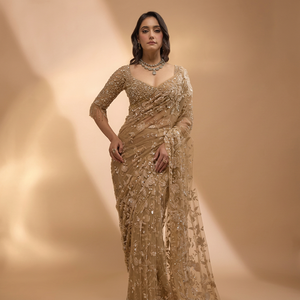 Elegant Gold Embroidered Heavy Quality Butterfly Net <b>Saree</b> <b>Blouse</b> Women Wedding Indian/Pakistani Traditional Wear Floor Length - Product Image 1