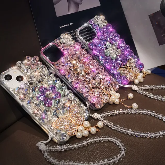 Luxury Rhinestone Phone Case with Pearl Bow & Crystal Chain for iPhone 17 16 15 14 13 12 11 X Series, Handmade Diamond Cover
