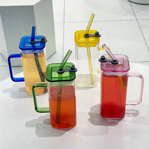 Bán buôn đầy màu sắc vuông Borosilicate cốc thủy tinh với xử lý và thủy tinh dtraw và PP nắp cốc nước trái cây - Product Image 2