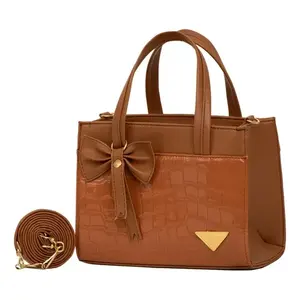 Bolso Bandolera Fana Lara Camel, Cuero Genuino con Patrón de Cocodrilo, Decoración con Lazo, Asa Única, Estilo Vintage, Uso Diario - Product Image 1