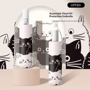Parapluie pliable automatique pour femme, motif chat noir et blanc, en polyester avec revêtement noir, protection UV contre le soleil et la pluie, 8 cadeaux d'affaires - Product Image 3