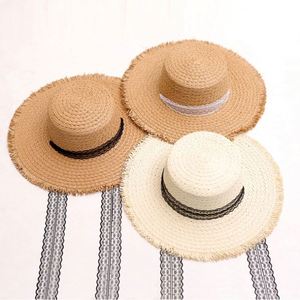 Wholesale Lara Grass <b>Flat</b> Top Large Brim Burlap Straw <b>Hat</b> Lace Breathable Women's Summer Beach Sun <b>Hats</b> - Product Image 2