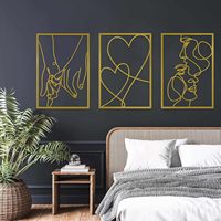 Ensemble de 3 décorations murales en métal doré Oniya, art abstrait linéaire, décor mural minimaliste encadré en fer pour chambre à coucher, OEM, vente en gros, en vrac