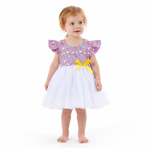 Robe de princesse rose à imprimé arc-en-ciel pour filles, best-seller, avec manches volantées en tulle et nœud jaune pour fête d'anniversaire - Product Image 5