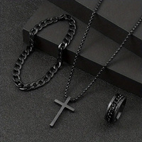 Ensemble de bijoux 3 pièces tendance Hip Hop : Collier pendentif croix, bracelet et bague pour stockage en magasin d'accessoires