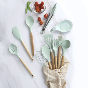 Ensemble d'ustensiles de cuisine en silicone avec manches en bois, 11 pièces en 1, support pour ustensiles de cuisine, spatule - Product Image 4