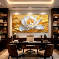 Peinture Murale Moderne Élégante Blanche Beige à Motifs Floraux et Feuilles Dorées, Tableau Encadré en Verre Diamant et Porcelaine Cristalline, Fleurs Murales