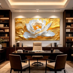 Elegante Quadro Moderno con Fiori Bianchi e Beige e Foglie Dorate, Dipinto Murale in Cristallo, Porcellana e <span class=keywords><strong>Vetro</strong></span> con Diamanti - Product Image 5