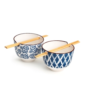 Set Of 2 Ceramic <b>Bowls</b> <b>With</b> <b>Chopsticks</b> Blue Pattern Serving <b>Bowl</b> For Rice <b>Noodles</b> - Product Image 1