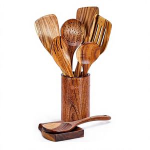 Support de rangement pour ustensiles de cuisine en bois d'acacia durable, 9 pièces, avec ensemble de spatules et support de rangement, sans danger pour les aliments - Product Image 1