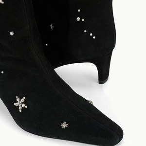 Winter Low Chunky Heels Square Toe Shoes Suede Diamonds Flowers <b>Boots</b> Women's on Knee High Booties - Product Image 3