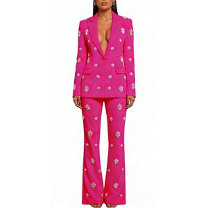 بدلة نسائية مزينة بالكريستال على شكل زهور - سترة وبنطلون واسع من قطعتين - طقم رسمي مزدوج الصدر من سيهي فاشونبيسو - Product Image 5