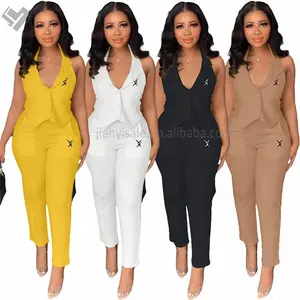 2023 New Luxury Brand Clothing Women Custom Logo Sleeveless Blazer 2 Piece Pants Set Summer Deep V Neck Button Up 2 Piece Set