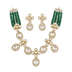 Parure de collier et boucles d'oreilles en argent 925 plaqué or avec perles vertes et moissanite, bijoux de mariée pour cadeau de mariage - Product Image 1