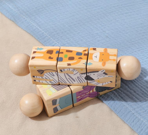 Mordedor de madera para bebés de 0 a 36 meses y juego de rompecabezas 5 en 1 con sonajero giratorio de combinación de formas de animales y coches, juguete Montessori de cognición - Product Image 6