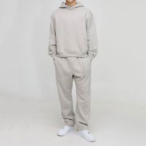 Ensemble de survêtement deux pièces pour homme, gris avoine clair, comprenant un sweat à capuche court et un pantalon de survêtement large et droit, de couleur neutre, vêtements vierges pour commande en gros - Product Image 1