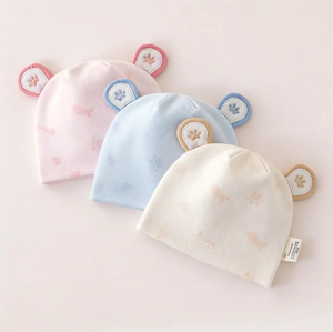 Bonnet bébé nouveau-né en coton de classe A, double couche, broderie cœur, oreilles étoile, doux et respectueux de la peau, pour 0-6 mois - Product Image 1