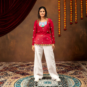 Women's Red Ethnic Cotton Digital <b>Printed</b> Embroidered <b>White</b> <b>Palazzo</b> Pants Loose Fit Casual Wear India Pakistan Style All Seasons - Product Image 1