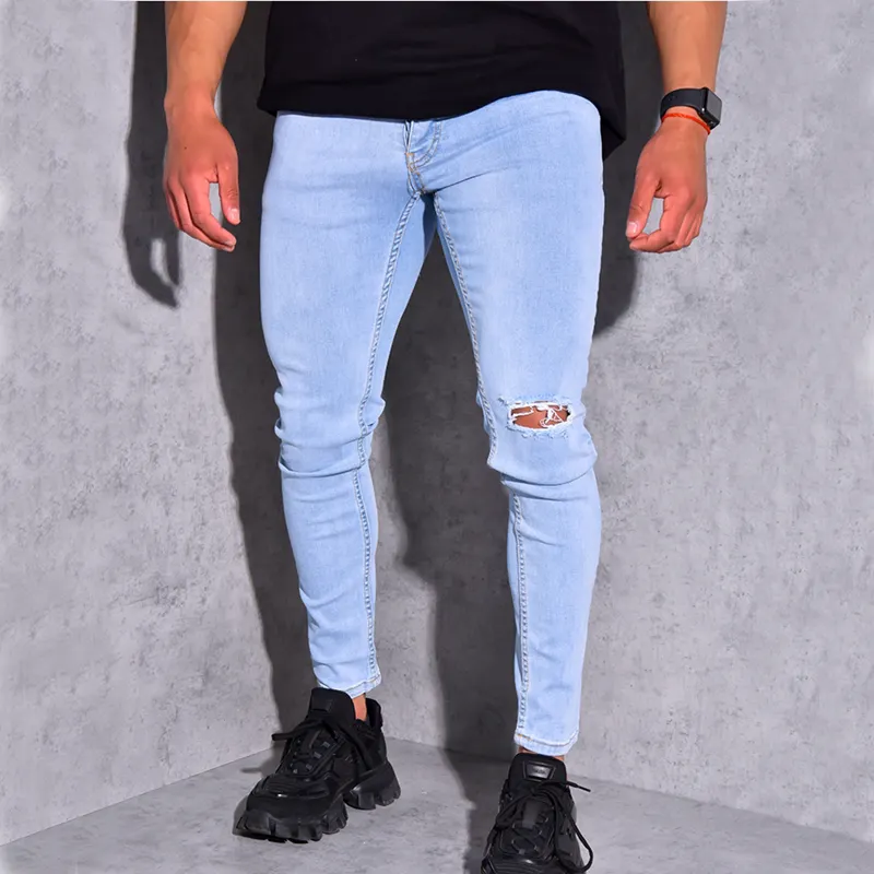 Jeans Hombres Skinny Jeans Moda Biker Streetwear Desgastado Ripped Denim Lápiz Estilo Slim Ropa para hombre
