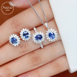 Aazuo – ensemble de bijoux fins en or massif 18 carats, aigue-marine naturelle, diamant véritable, collier ovale féerique, bague et boucles d'oreilles, cadeau pour femme, amour - Product Image 1