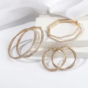 Manufacturer Supplier Gold Plate Eardrop Double Circle Big Statement Square Hoop Earrings Rhinestone Women Custom Jewelry