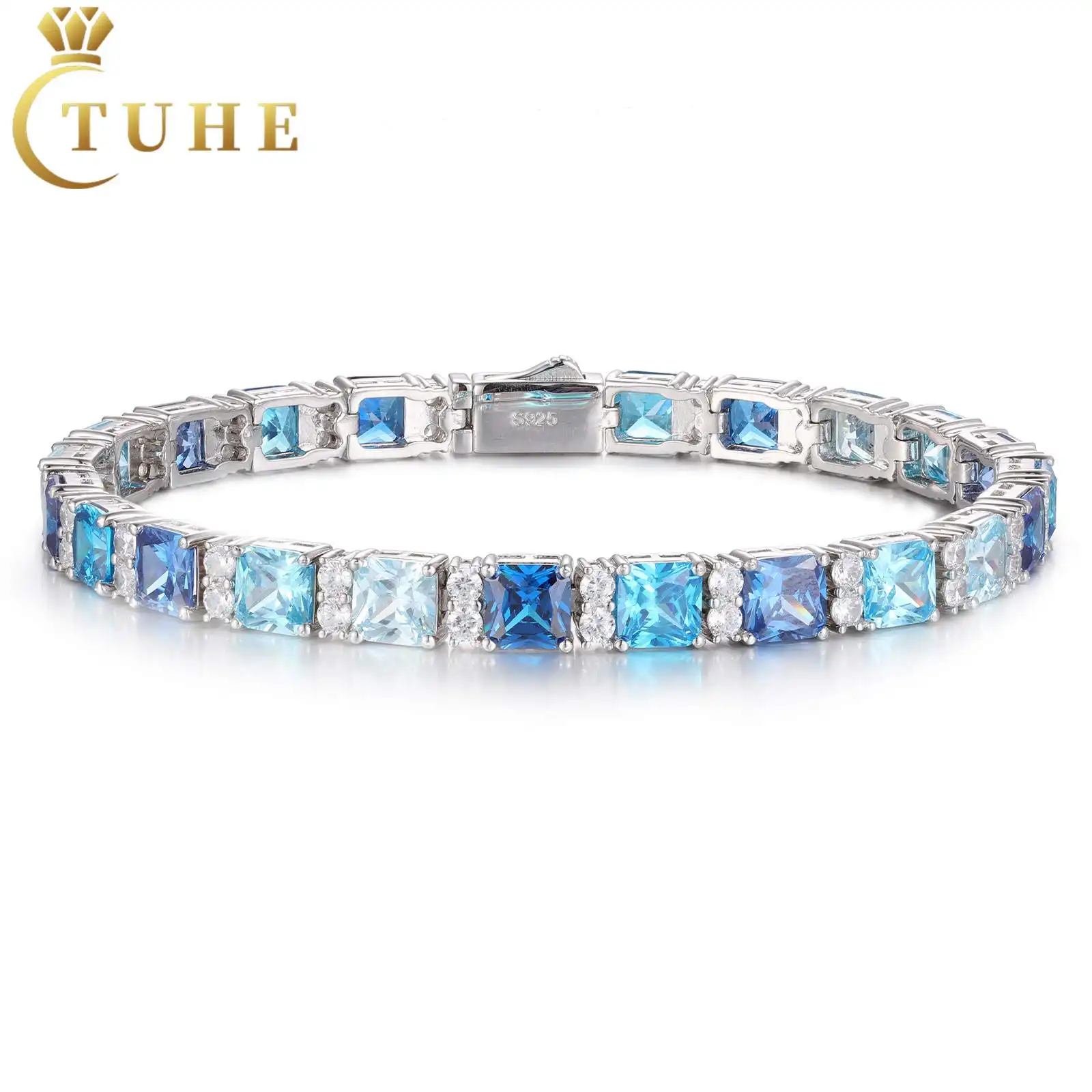 Moda gradiente Color 6,5mm Plata de Ley 925 VVS Moissanite Diamante Azul princesa corte CZ Cluster tenis pulsera