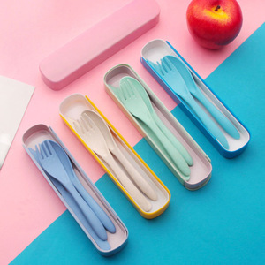 Eco-friendly Wheat Straw Cutlery <b>Set</b> Portable Travel Flatware 3pcs Spoon Fork with Case for Kids School Camping Reusable Utensil - Product Image 3