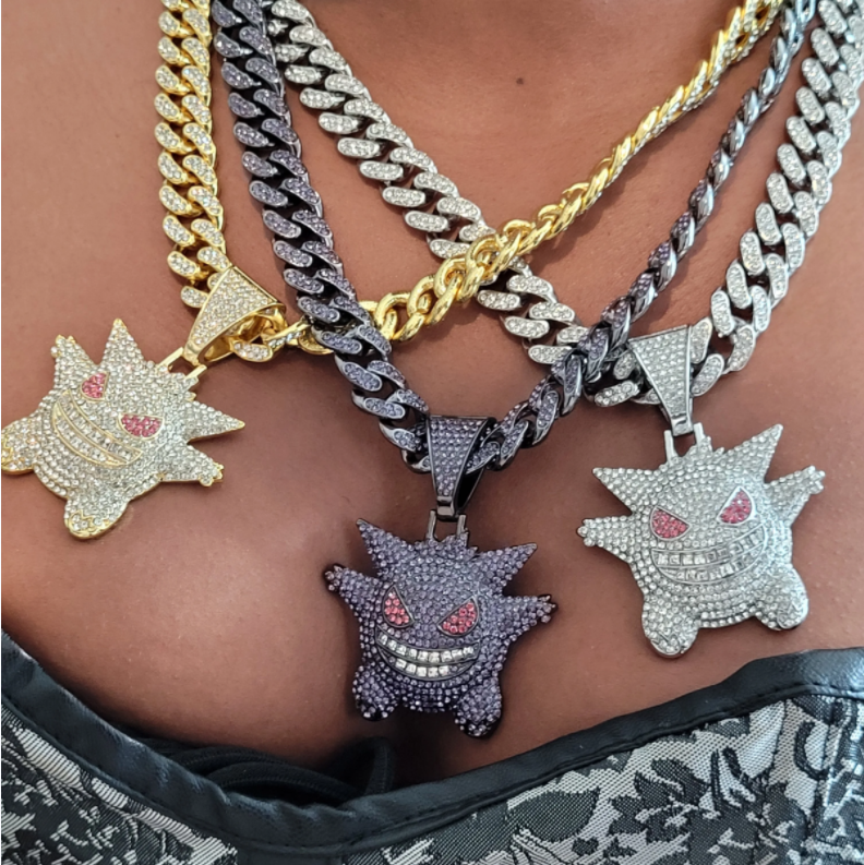 Hiphop 13mm Cuban Link Chain 18/20/22/24inch Gengar Pendant Silver Gold  Purple Plated Necklaces Men Women Fashion Choker Jewelry