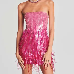 2023 gaun Mini Bodycon tanpa lengan payet merah muda gaun pesta bulu perca warna kustom pinggang tinggi
