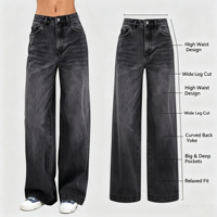 Jean noir délavé pour femme, taille haute, coupe ample, jambe large, extensible, en denim, style décontracté pour tous les jours